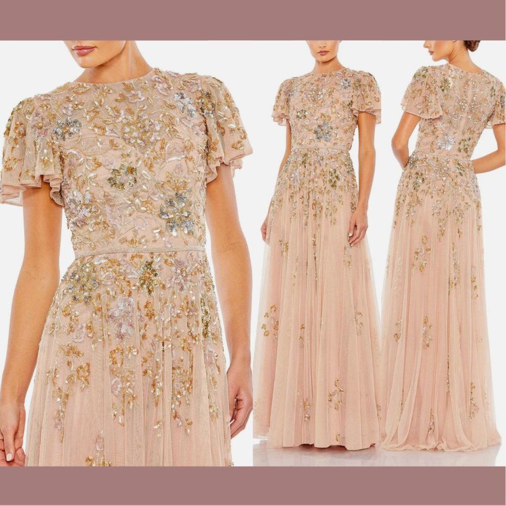 NWT $798‎ Mac Duggal [ 16 ] Embellished Butterfly Sleeve High Neck Gown Nude